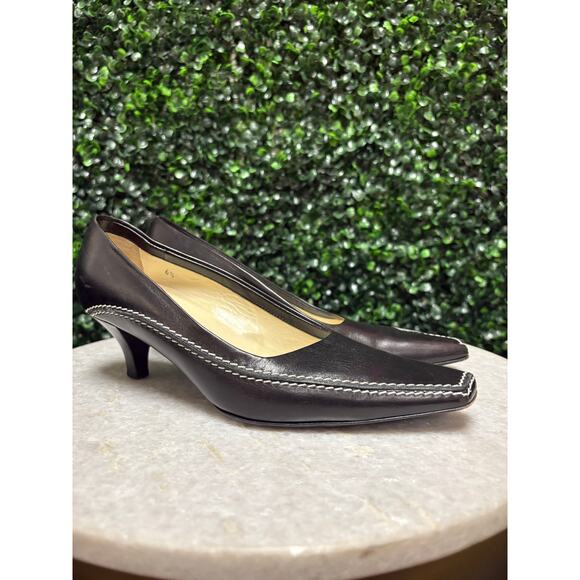 Tods Square Toe Kitten Heel Pumps black white stitch size 6.5 - Picture 1 of 13